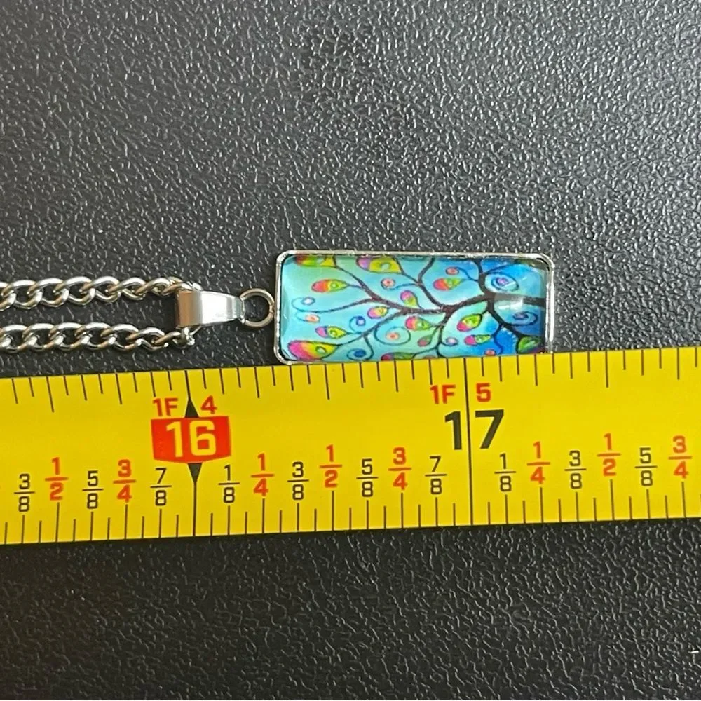 Handcrafted Teal Red Tree Rectangle Pendant Necklace & Earrings Set NWT OS